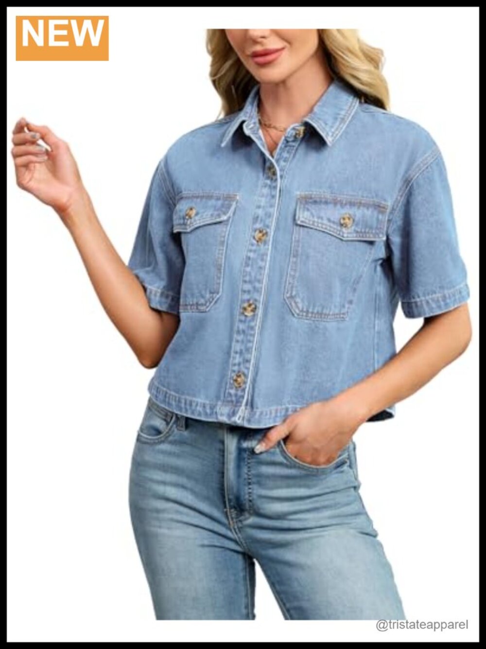 Women's Denim Crop Shirt Short Sleeve Button Down Jean Jacket